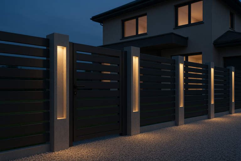 betonowe słupki ogrodzeniowe z oświetleniem